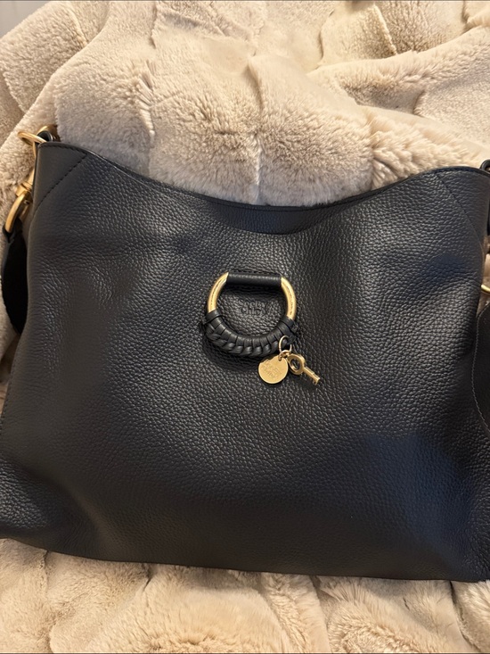 See By Chloe Handbags - See By Chloé Black Pebbled Leather Shoulder Bag with Gold Ring Charm